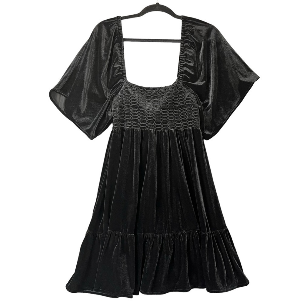 Chelsea & Violet Black Velvet Smocked Ruffle Hem Mini Dress